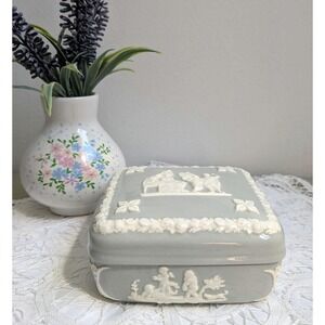 Vintage‎ Wedgwood Jasperware Trinket Box, Sage Gray, Lidded Box, Embossed Relief